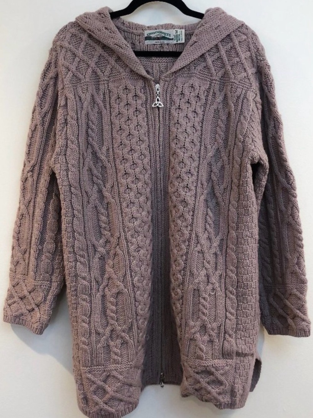 Aran Crafts Ireland Zip Wool Cardigan Sweater Hooded Fisherman Celtic Taupe Cozy
